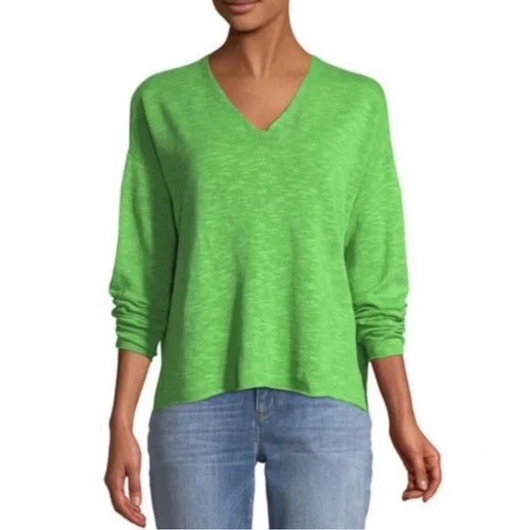 Eileen Fisher Linen Top V-Neck Long Sleeve Knit Classic Pullover Green Sz 1X - Picture 2 of 7